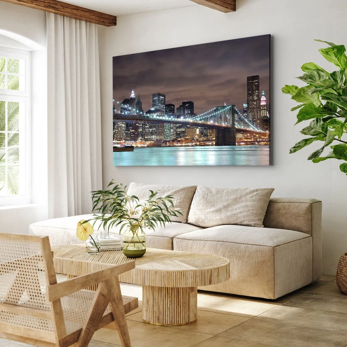 Bild auf Leinwand - Leinwandbild - Die nachts beleuchtete Brücke vor dem Hintergrund des modernen Stadtpanoramas - 70x50cm - Lichter der Großstadt - Moderne Wanddekoration für Wohnzimmer und Schlafzimmer ARTTOR