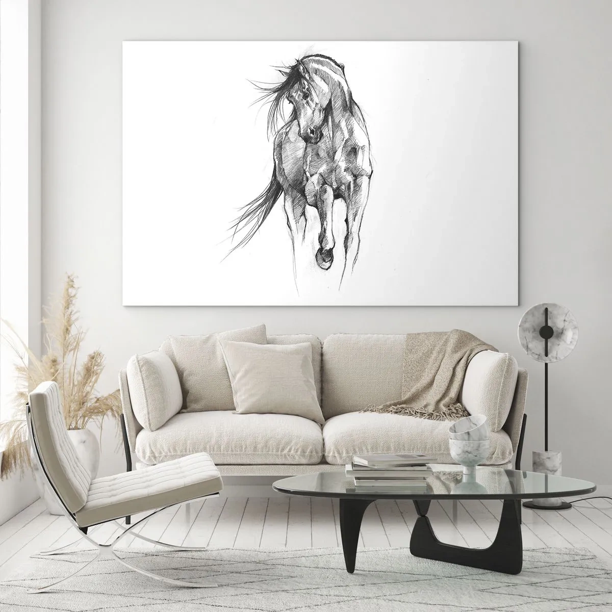 Glasbild - Bild auf glas - Eine Skizze eines galoppierenden Pferdes im minimalistischen Stil - 70x50cm - Im anmutigen Trab - Moderne Wanddekoration für Wohnzimmer und Schlafzimmer ARTTOR