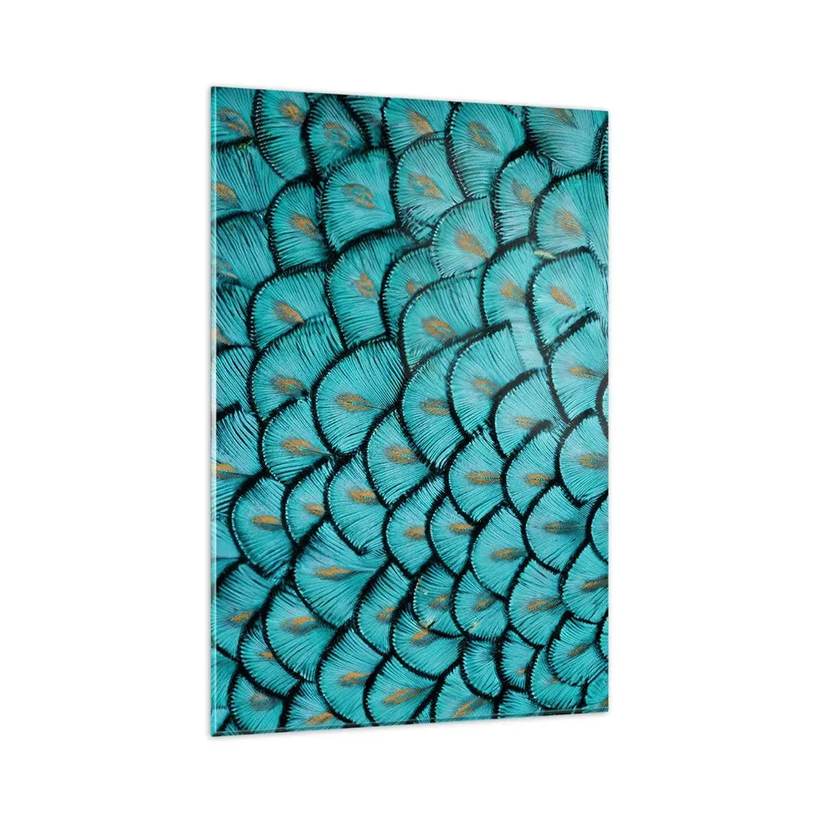 Glasbild - Bild auf glas - Ein Muster, das türkisfarbenen Schuppen mit goldenen Akzenten ähnelt - 80x120cm - Große Federgala - Moderne Wanddekoration für Wohnzimmer und Schlafzimmer ARTTOR