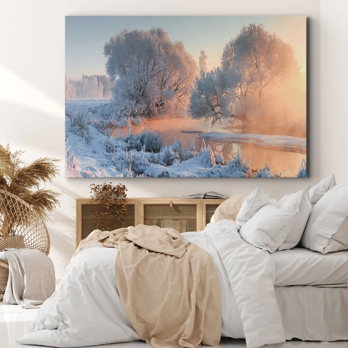 Bild auf Leinwand - Leinwandbild - Winterlandschaft mit schneebedeckten Bäumen und einem Sonnenuntergang - 70x50cm - Alles im Kristall glänzt in der Sonne - Moderne Wanddekoration für Wohnzimmer und Schlafzimmer ARTTOR