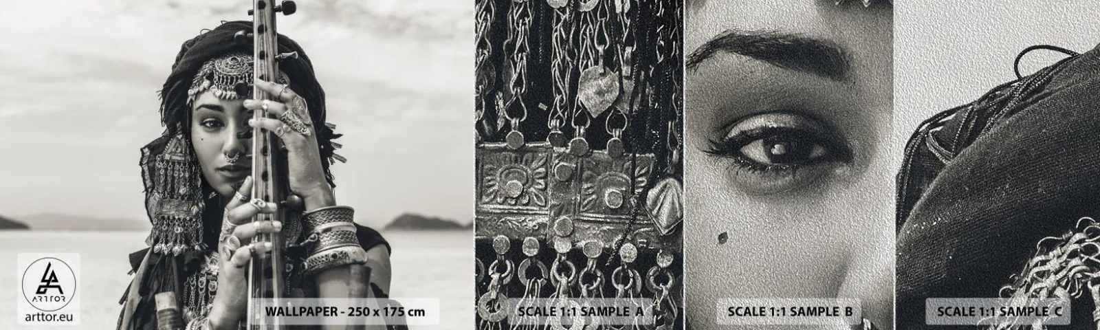 Fototapeten Muster Premium Sand - Die Musik des Orients selbst - Frau, Boho, Schmuck - 100x30 cm
