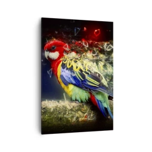 Bild auf Leinwand - Leinwandbild - Ein Papagei in leuchtenden Farben vor einem Hintergrund aus Lichteffekten - 70x100cm - Botschafter des Strahlens - Moderne Wanddekoration für Wohnzimmer und Schlafzimmer ARTTOR