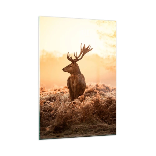 Glasbild - Bild auf glas - Hirsch vor dem Hintergrund eines Sonnenaufgangs in einer natürlichen Landschaft - 50x70cm - Herr im eigenen Land - Moderne Wanddekoration für Wohnzimmer und Schlafzimmer ARTTOR