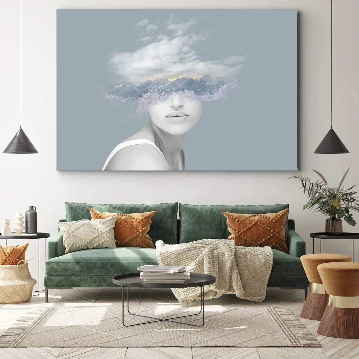 Bild auf Leinwand - Leinwandbild - Porträt einer Frau, deren Gesicht hinter Wolken und Wellen verborgen ist - 120x80cm - Mit dem Kopf in den Wolken - Moderne Wanddekoration für Wohnzimmer und Schlafzimmer ARTTOR