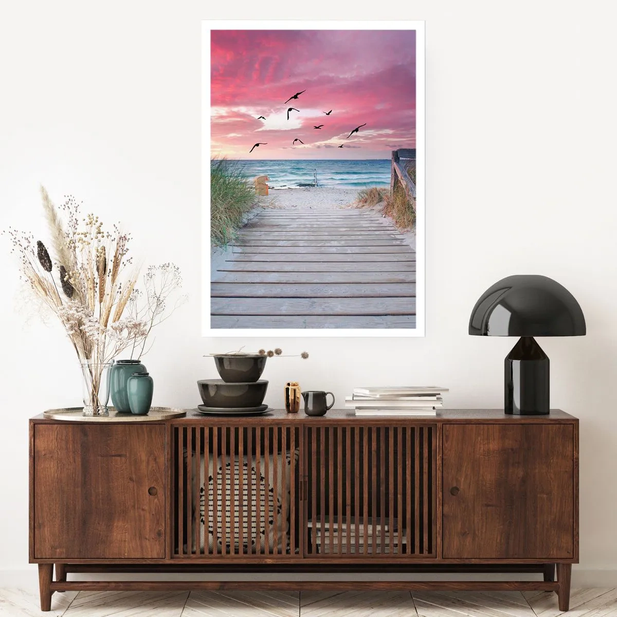 Poster - Holzweg am Strand mit Blick auf das Meer bei Sonnenuntergang - 50x70cm - Baltischer Eindruck - Moderne Wanddekoration für Wohnzimmer und Schlafzimmer ARTTOR