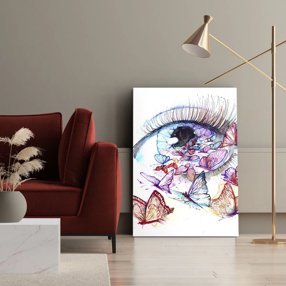 Bild auf Leinwand - Leinwandbild - Ein Aquarellauge, umgeben von bunten Schmetterlingen - 50x70cm - Märchenhafter Augenzauber - Moderne Wanddekoration für Wohnzimmer und Schlafzimmer ARTTOR