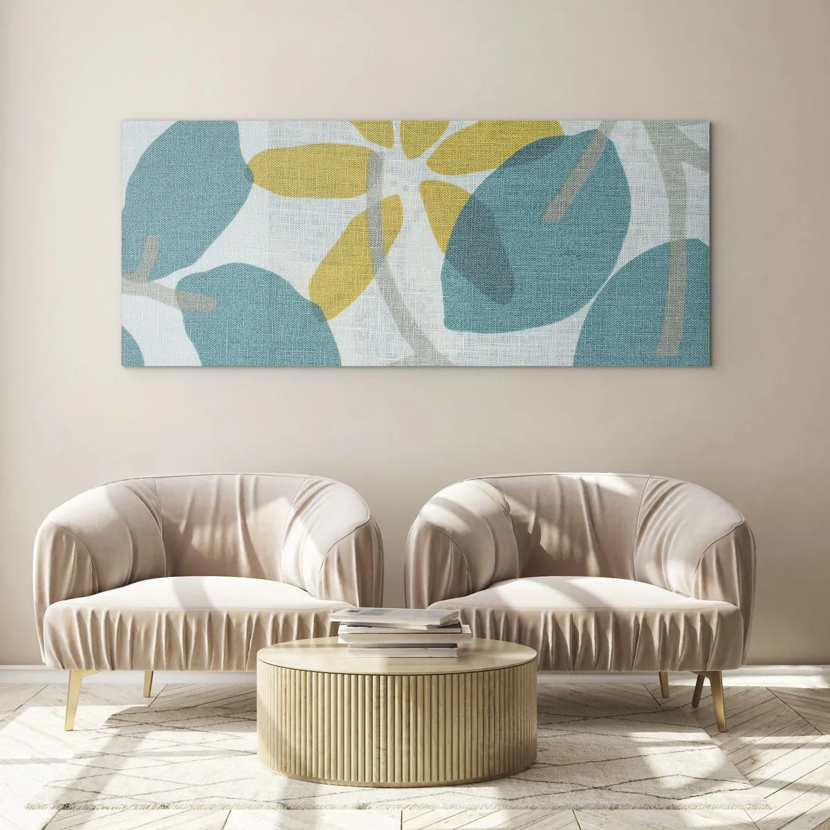 Glasbild - Bild auf glas - Blätter in Türkis- und Gelbtönen auf hellem Hintergrund - 120x50cm - Unter den azurblauen Blättern - Moderne Wanddekoration für Wohnzimmer und Schlafzimmer ARTTOR