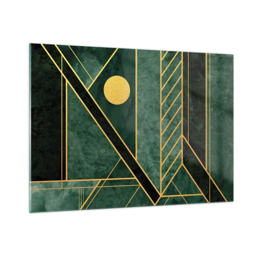 Glasbild - Bild auf glas - Grüne und goldene geometrische Abstraktion im Art-Deco-Stil - 100x70cm - Dynamik von Gold und Azurblau - Moderne Wanddekoration für Wohnzimmer und Schlafzimmer ARTTOR