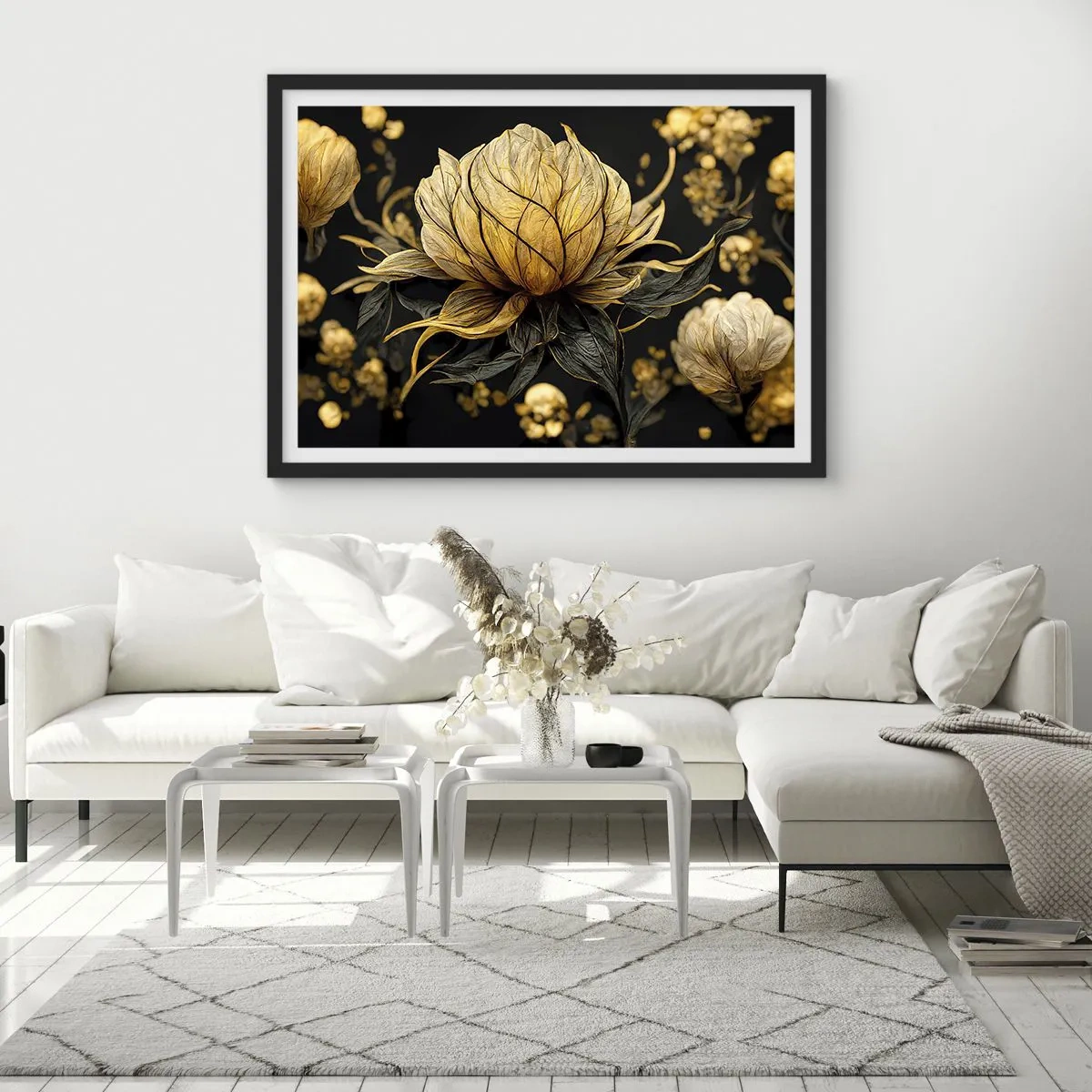 Poster in einem schwarzem Rahmen - Goldene Blume auf dunklem Hintergrund - 100x70cm - Subtile Zerbrechlichkeit - Moderne Wanddekoration für Wohnzimmer und Schlafzimmer ARTTOR