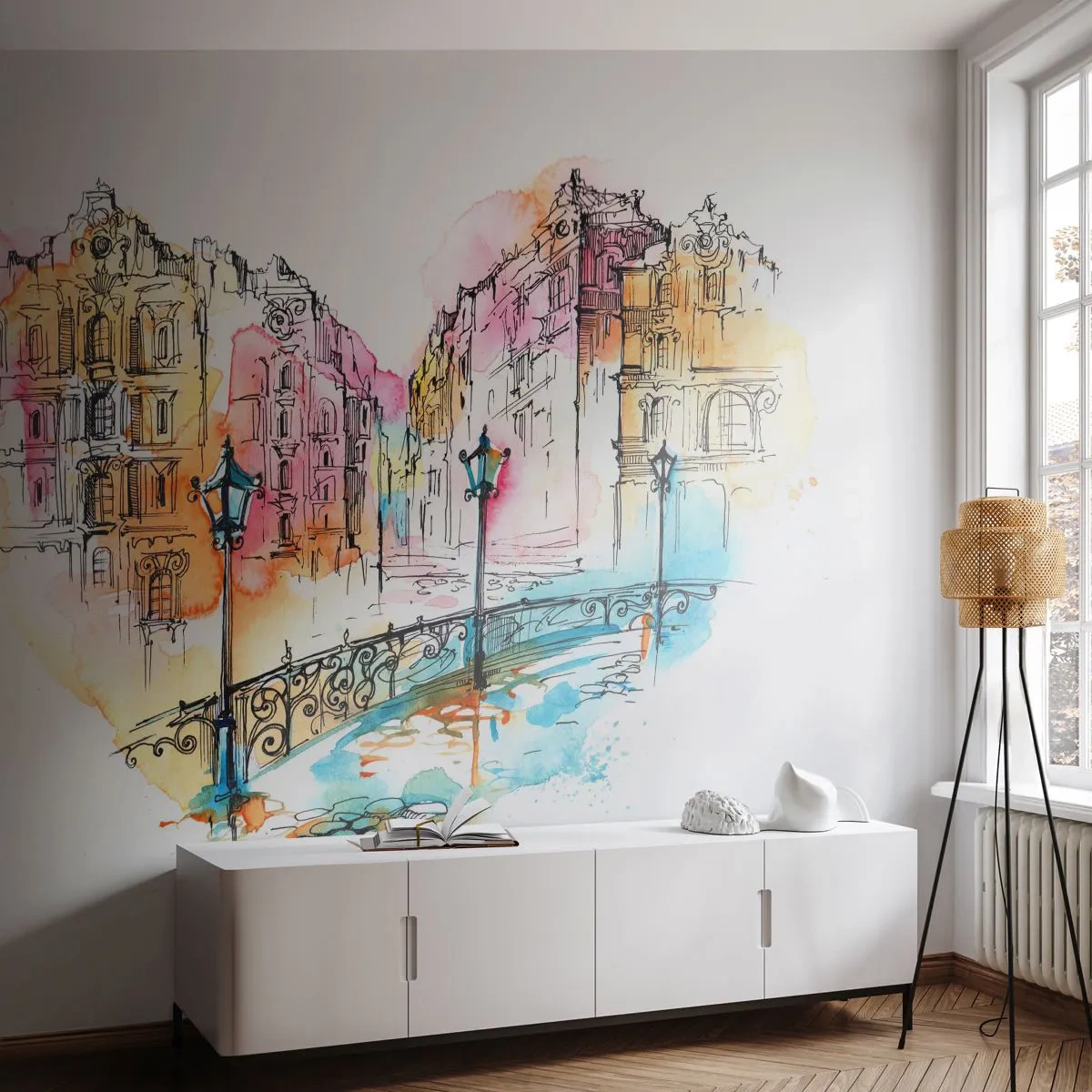 Fototapete Premium Sand - Eine Brücke in romantischer Stadtkulisse - 100x70cm - Das Herz der Stadt - Moderne Wanddekoration für Wohnzimmer und Schlafzimmer ARTTOR