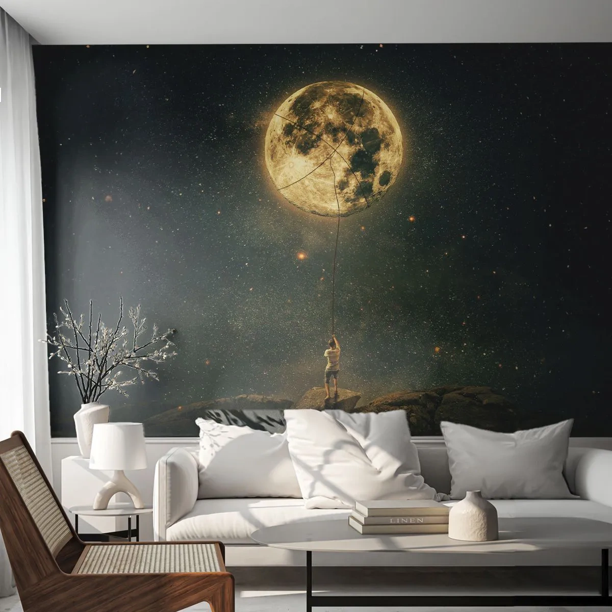 Selbstklebende Fototapete Deluxe Sticker - Der Mann, der den Mond gestohlen hat - Mond, Sterne, Vorstellung - 250x175 cm