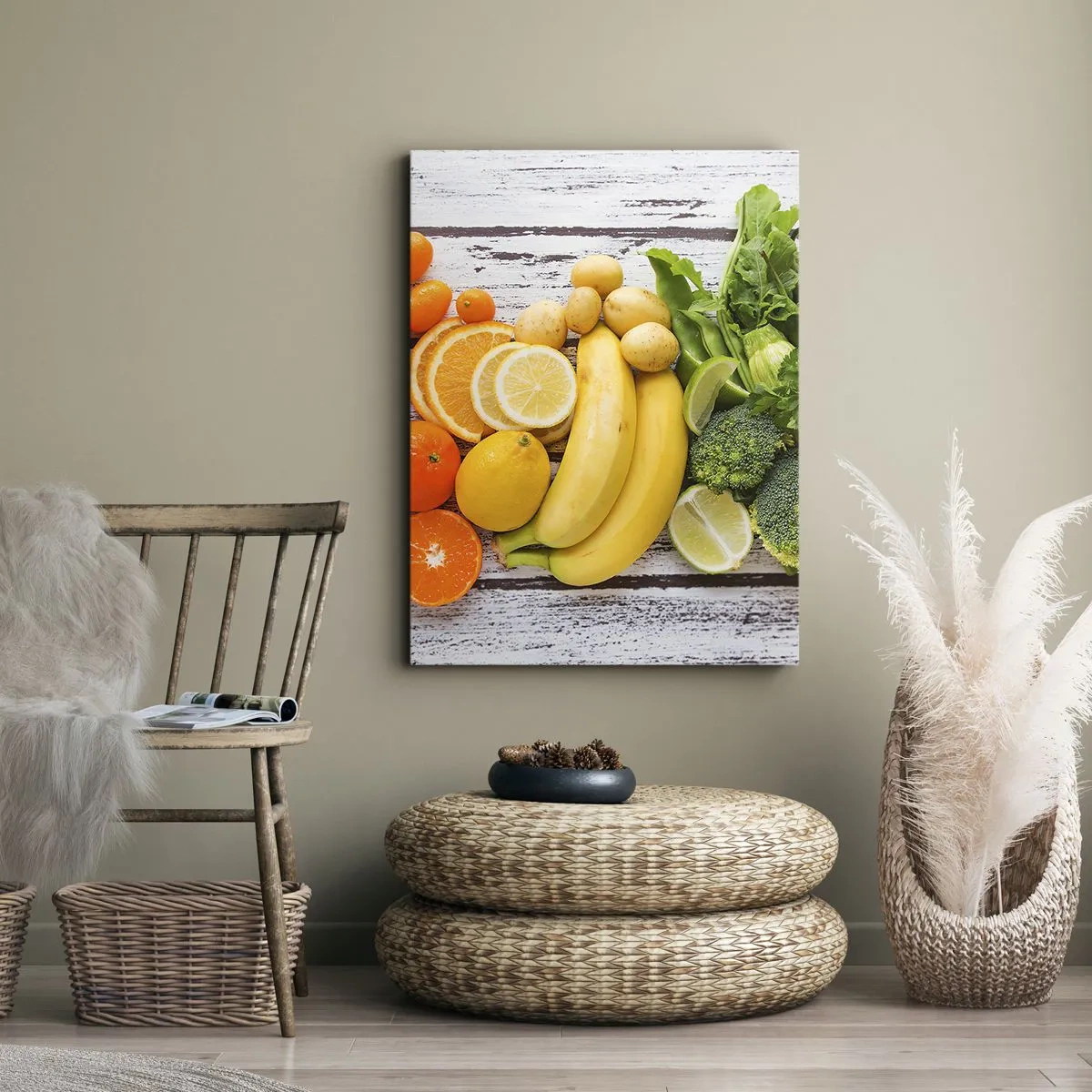 Bild auf Leinwand - Leinwandbild - Buntes Obst und Gemüse auf einem hölzernen Hintergrund - 80x120cm - Es ist nicht genug? - Moderne Wanddekoration für Wohnzimmer und Schlafzimmer ARTTOR