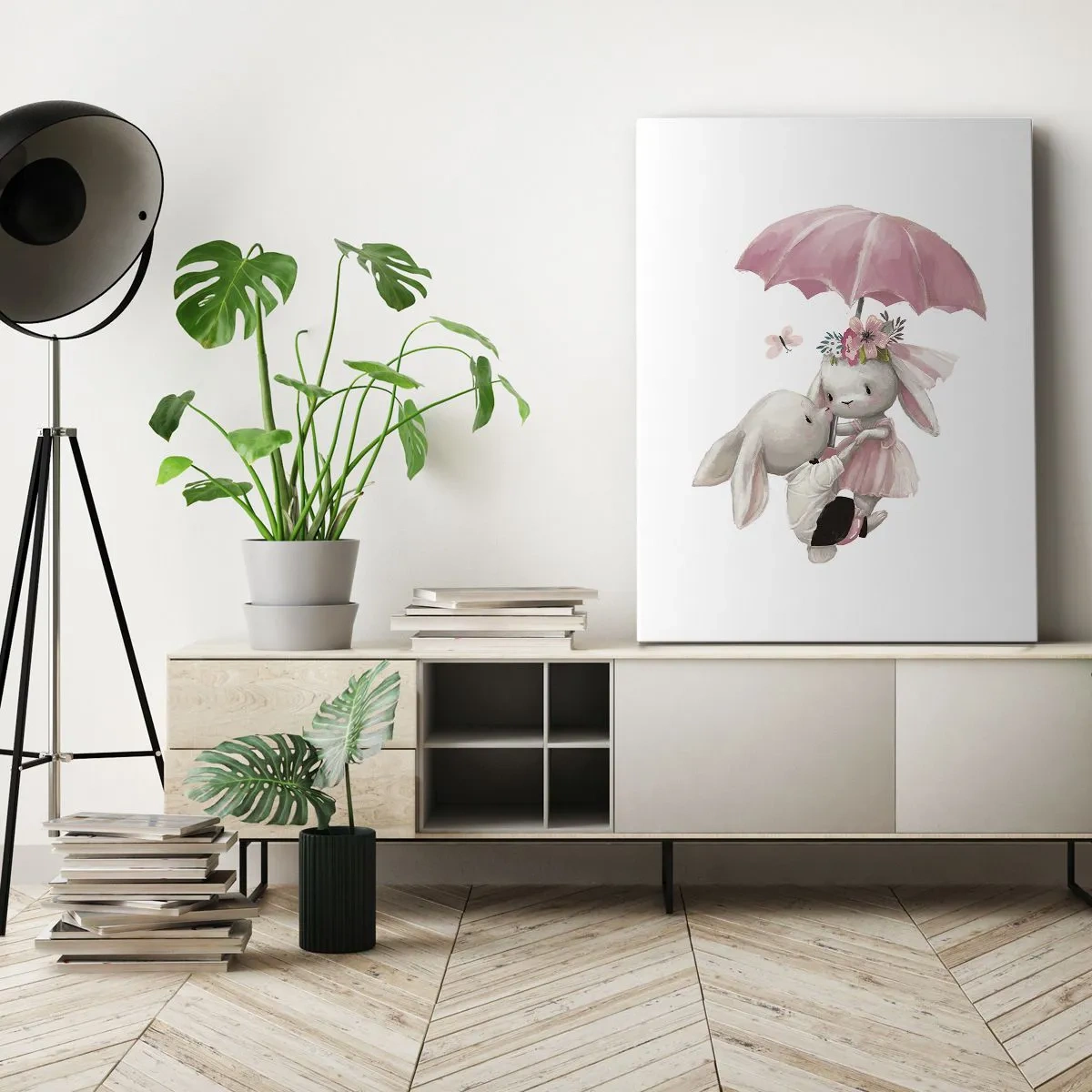 Bild auf Leinwand - Leinwandbild - Süße Häschen unter einem rosa Regenschirm - 50x70cm - Das ist eben Liebe - Moderne Wanddekoration für Wohnzimmer und Schlafzimmer ARTTOR