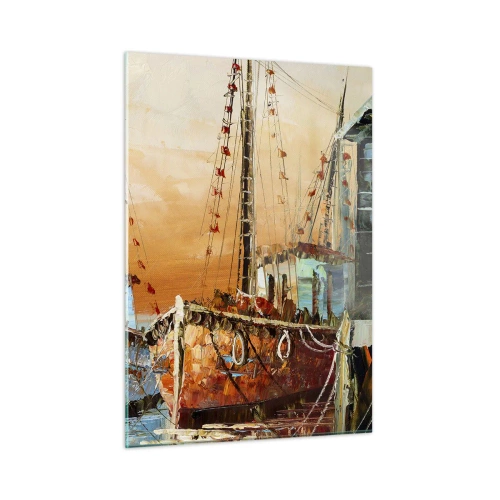 Glasbild - Bild auf glas - Bunte Boote im Yachthafen - 50x70cm - Friedliche Rückkehr - Moderne Wanddekoration für Wohnzimmer und Schlafzimmer ARTTOR