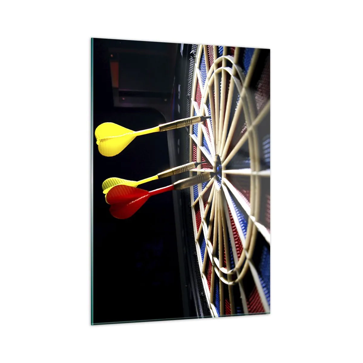 Glasbild - Bild auf glas - Darts treffen ein Ziel in einer dunklen Umgebung - 50x70cm - Auf den Punkt gebracht - Moderne Wanddekoration für Wohnzimmer und Schlafzimmer ARTTOR