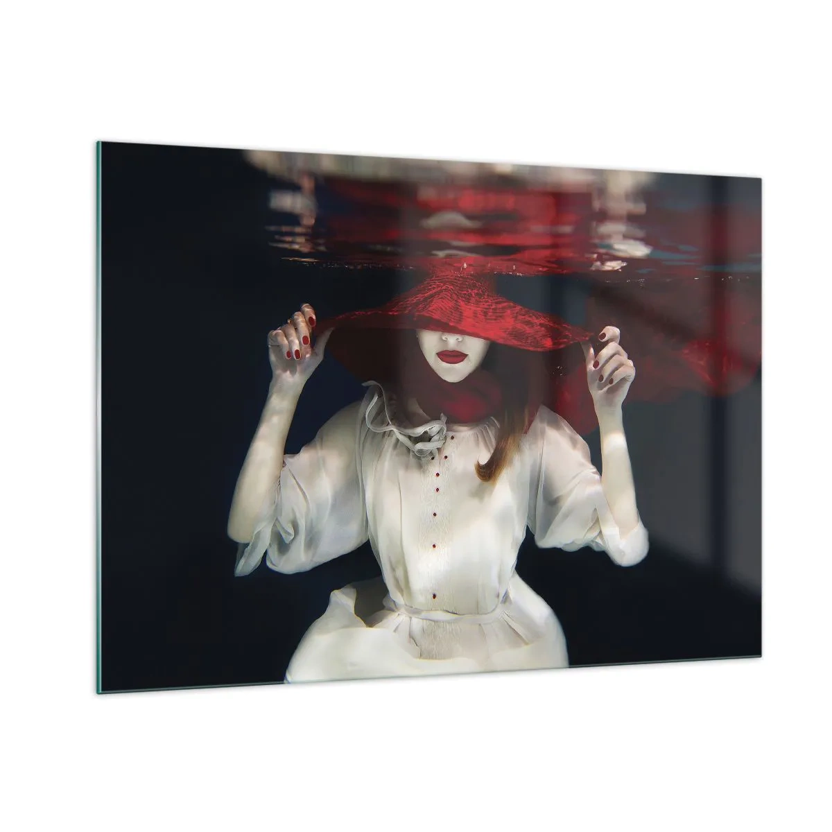 Glasbild - Bild auf glas - Frau mit rotem Hut unter Wasser - 100x70cm - Boshafte Göttin in der slawischen Mythologie - Moderne Wanddekoration für Wohnzimmer und Schlafzimmer ARTTOR