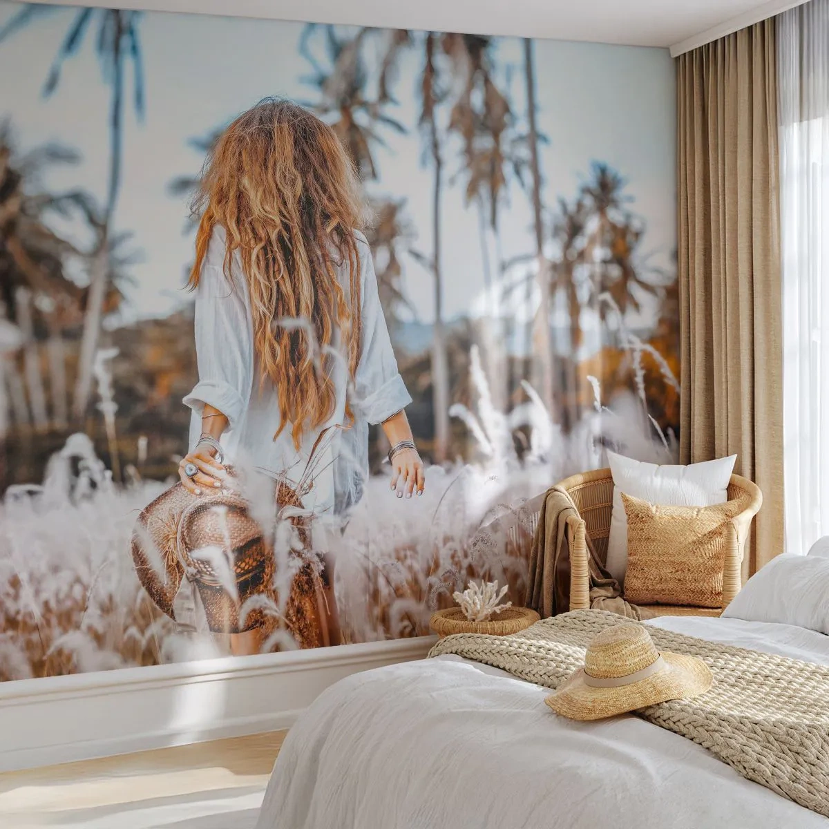 Maßgeschneiderte Fototapete Premium Canvas - Geboren aus Grasflaum - Frau, Jahrgang, Boho