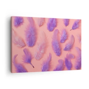 Bild auf Leinwand - Leinwandbild - Lila und rosa Federn auf pastellfarbenem Hintergrund - 70x50cm - Lila Vogel der Begierde - Moderne Wanddekoration für Wohnzimmer und Schlafzimmer ARTTOR