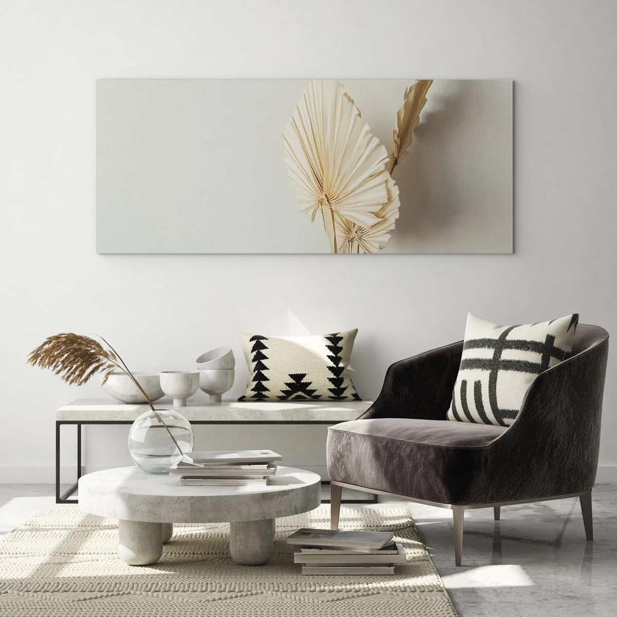 Glasbild - Bild auf glas - Getrocknete Palmblätter in minimalistischem Arrangement - 160x50cm - Wenn Sie Erleichterung brauchen - Moderne Wanddekoration für Wohnzimmer und Schlafzimmer ARTTOR