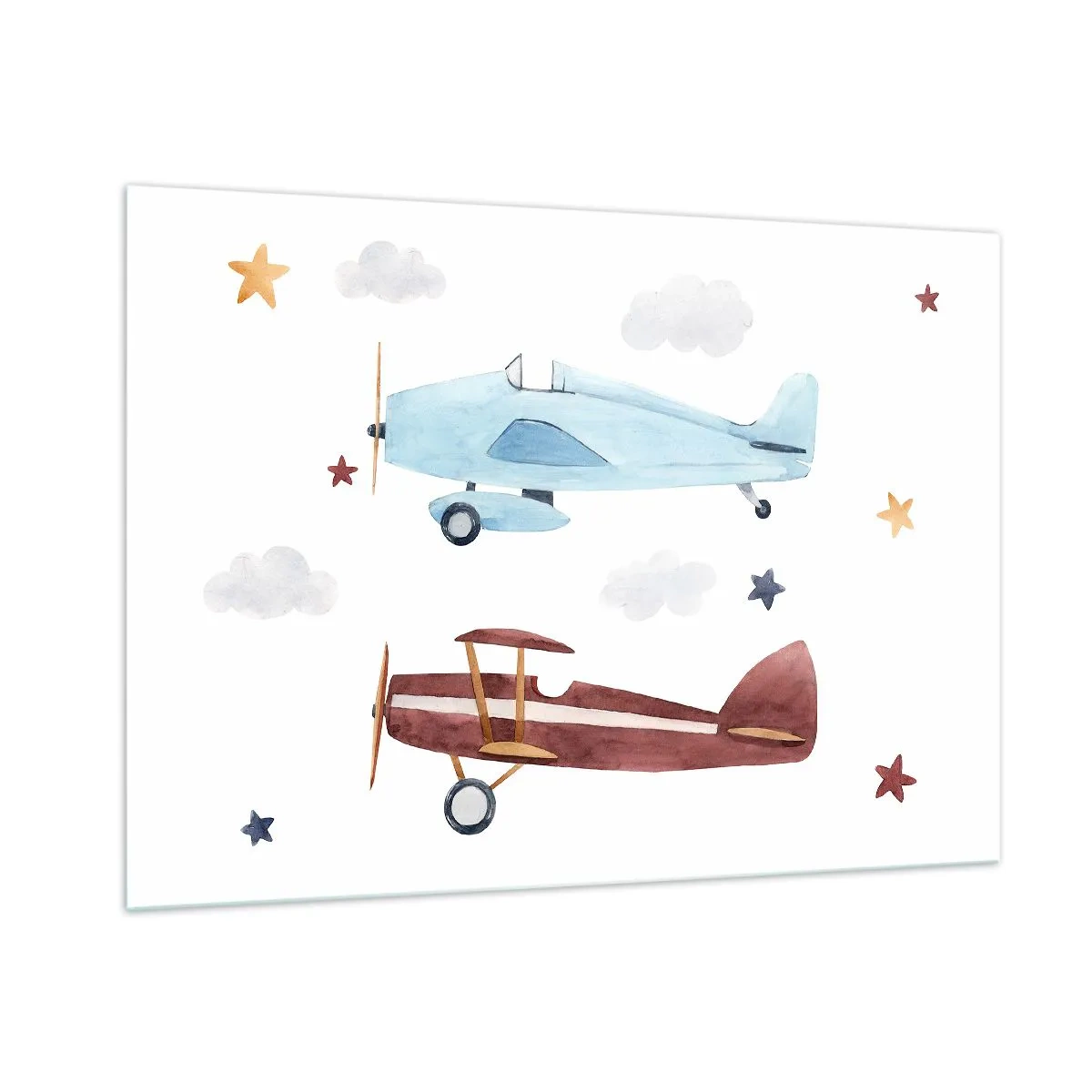 Glasbild - Bild auf glas - Zwei bunte Flugzeuge zwischen Sternen und Wolken - 100x70cm - Wir warten, Herr Pilot! - Moderne Wanddekoration für Wohnzimmer und Schlafzimmer ARTTOR
