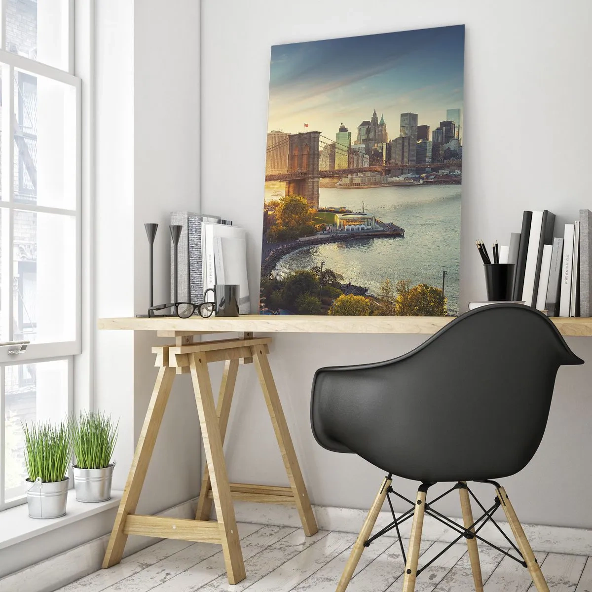 Glasbild - Bild auf glas - New York City-Panorama mit Brooklyn Bridge - 50x70cm - Morgendämmerung der Großstadt - Moderne Wanddekoration für Wohnzimmer und Schlafzimmer ARTTOR