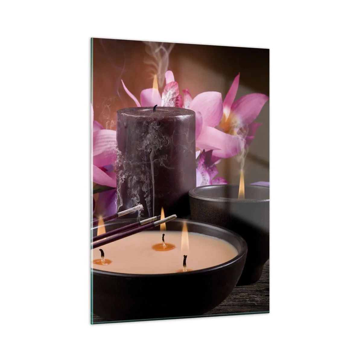 Glasbild - Bild auf glas - Entspannungskomposition mit Buddha, Kerzen und Blumen - 50x70cm - Den Geist frei machen, den Körper beruhigen - Moderne Wanddekoration für Wohnzimmer und Schlafzimmer ARTTOR