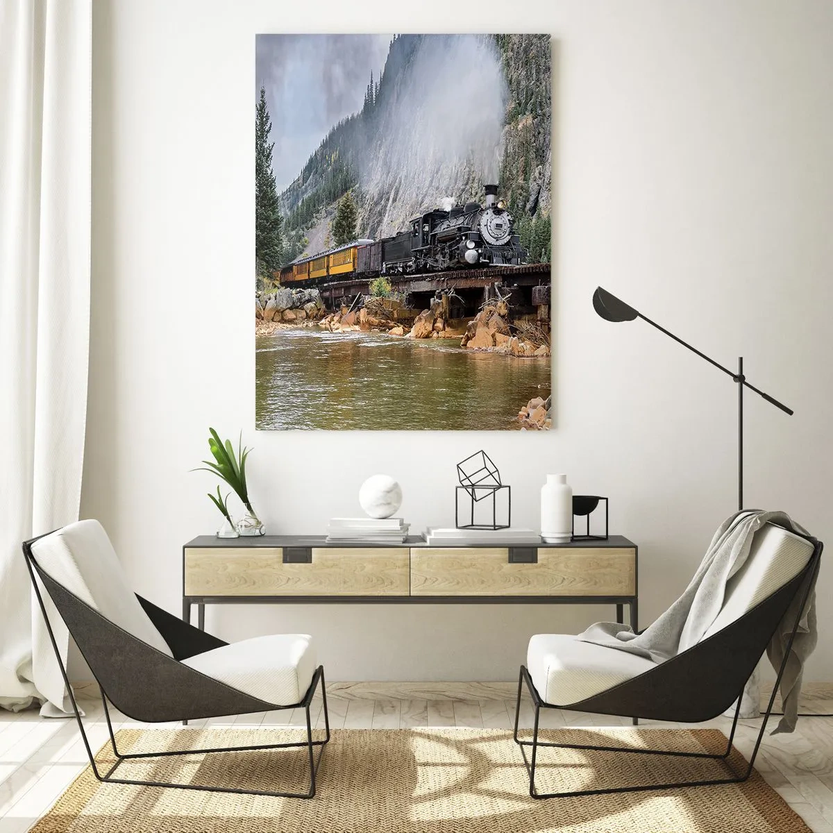 Glasbild - Bild auf glas - Eine Dampflokomotive auf einer Brücke in einer malerischen Berglandschaft - 80x120cm - Wo willst du hin? Wohin? - Moderne Wanddekoration für Wohnzimmer und Schlafzimmer ARTTOR