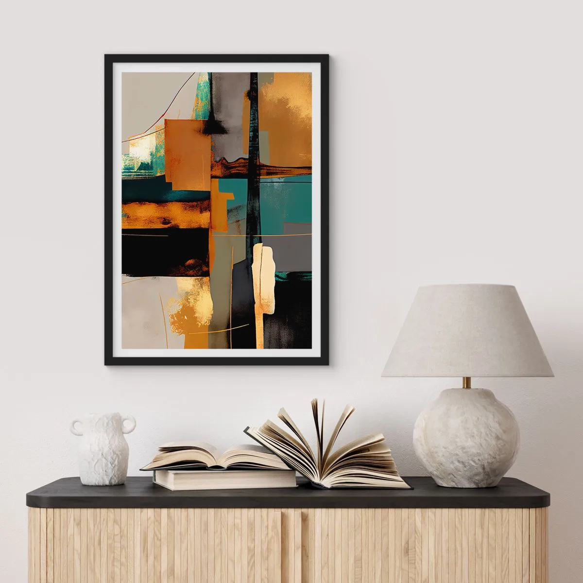 Poster in einem schwarzem Rahmen - Eine abstrakte Komposition in Gold- und Türkistönen - 50x70cm - Abstraktion – Licht und Schatten - Moderne Wanddekoration für Wohnzimmer und Schlafzimmer ARTTOR