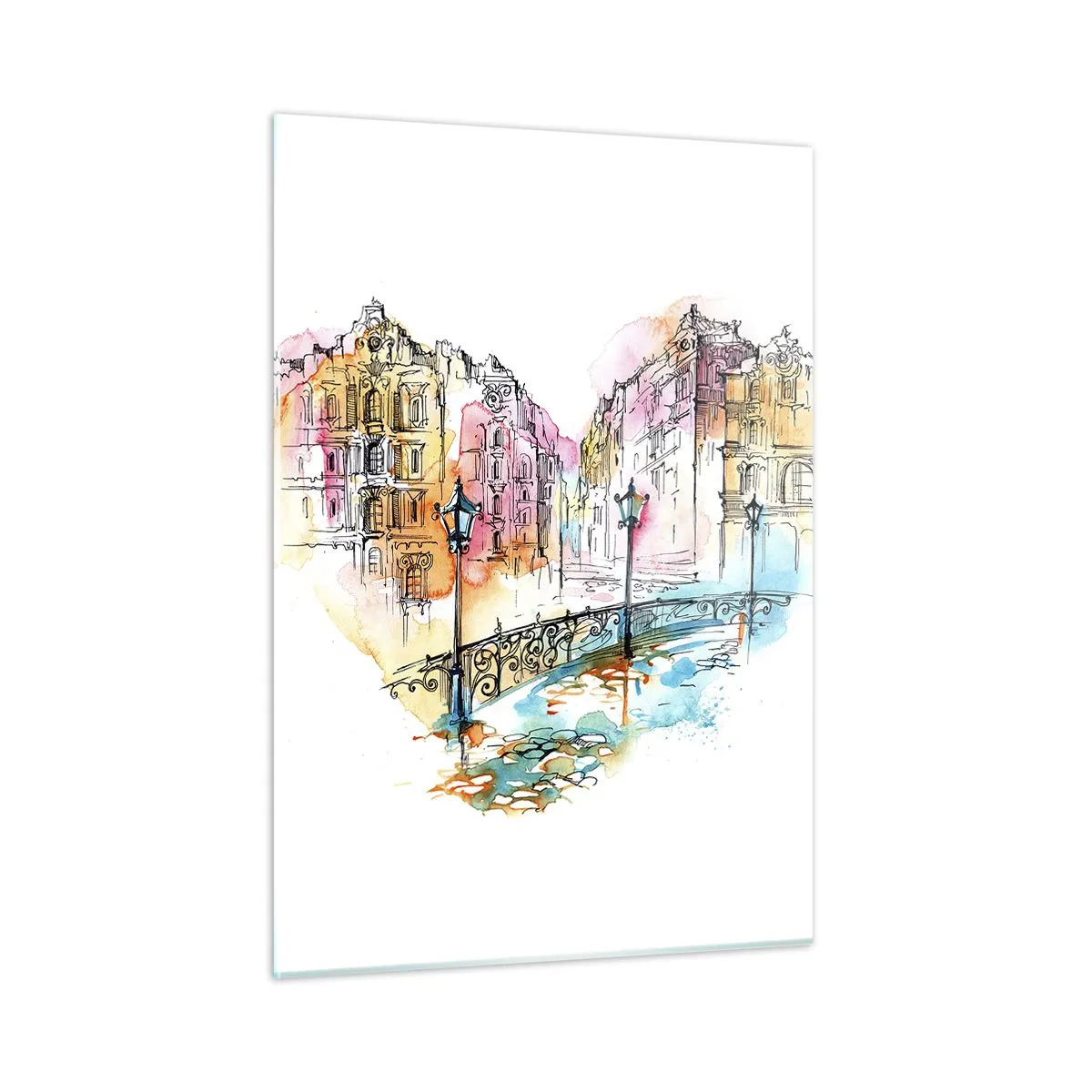 Glasbild - Bild auf glas - Romantische Mietshäuser mit herzförmiger Brücke, Aquarell - 50x70cm - Das Herz der Stadt - Moderne Wanddekoration für Wohnzimmer und Schlafzimmer ARTTOR