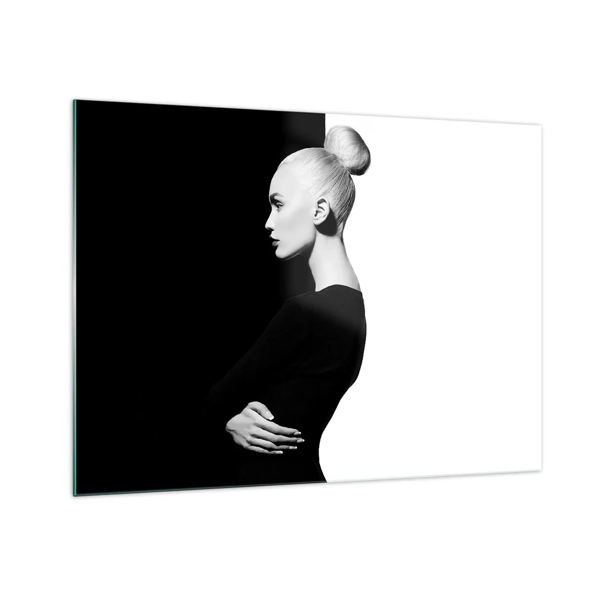 Glasbild - Bild auf glas - Schwarz-Weiß-Porträt einer Frau mit elegantem Dutt - 70x50cm - Einfach eine Frau - Moderne Wanddekoration für Wohnzimmer und Schlafzimmer ARTTOR