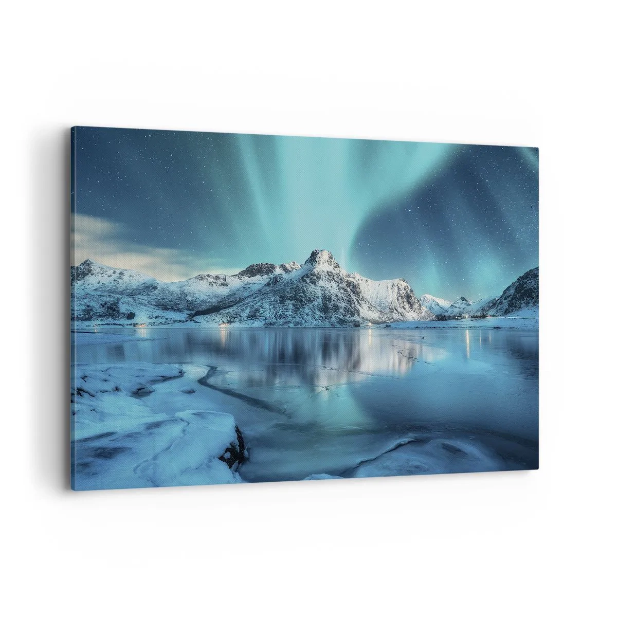 Bild auf Leinwand - Leinwandbild - Aurora Borealis über schneebedeckten Bergen und einem See - 100x70cm - Lichtnacht - Moderne Wanddekoration für Wohnzimmer und Schlafzimmer ARTTOR