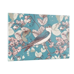 Glasbild - Bild auf glas - Ein Vogel auf einem Ast zwischen Blumen auf türkisfarbenem Hintergrund - 120x80cm - Im Weißholz von Rot und Silber - Moderne Wanddekoration für Wohnzimmer und Schlafzimmer ARTTOR