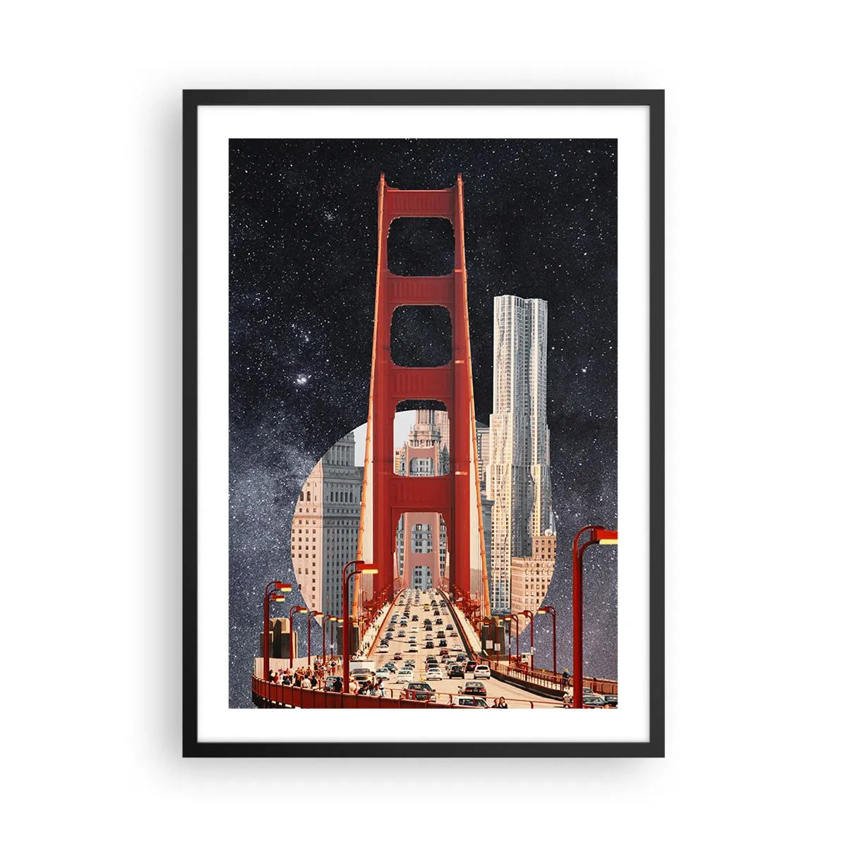 Poster in einem schwarzem Rahmen - Eine Brücke und Wolkenkratzer vor dem Sternenhimmel - 50x70cm - Immer im Mittelpunkt - Moderne Wanddekoration für Wohnzimmer und Schlafzimmer ARTTOR