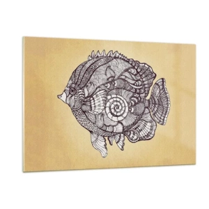 Glasbild - Bild auf glas - Ein Cartoon-Fisch mit Ornamenten auf beigem Hintergrund - 120x80cm - Aus dem Ozean der Ornamente - Moderne Wanddekoration für Wohnzimmer und Schlafzimmer ARTTOR