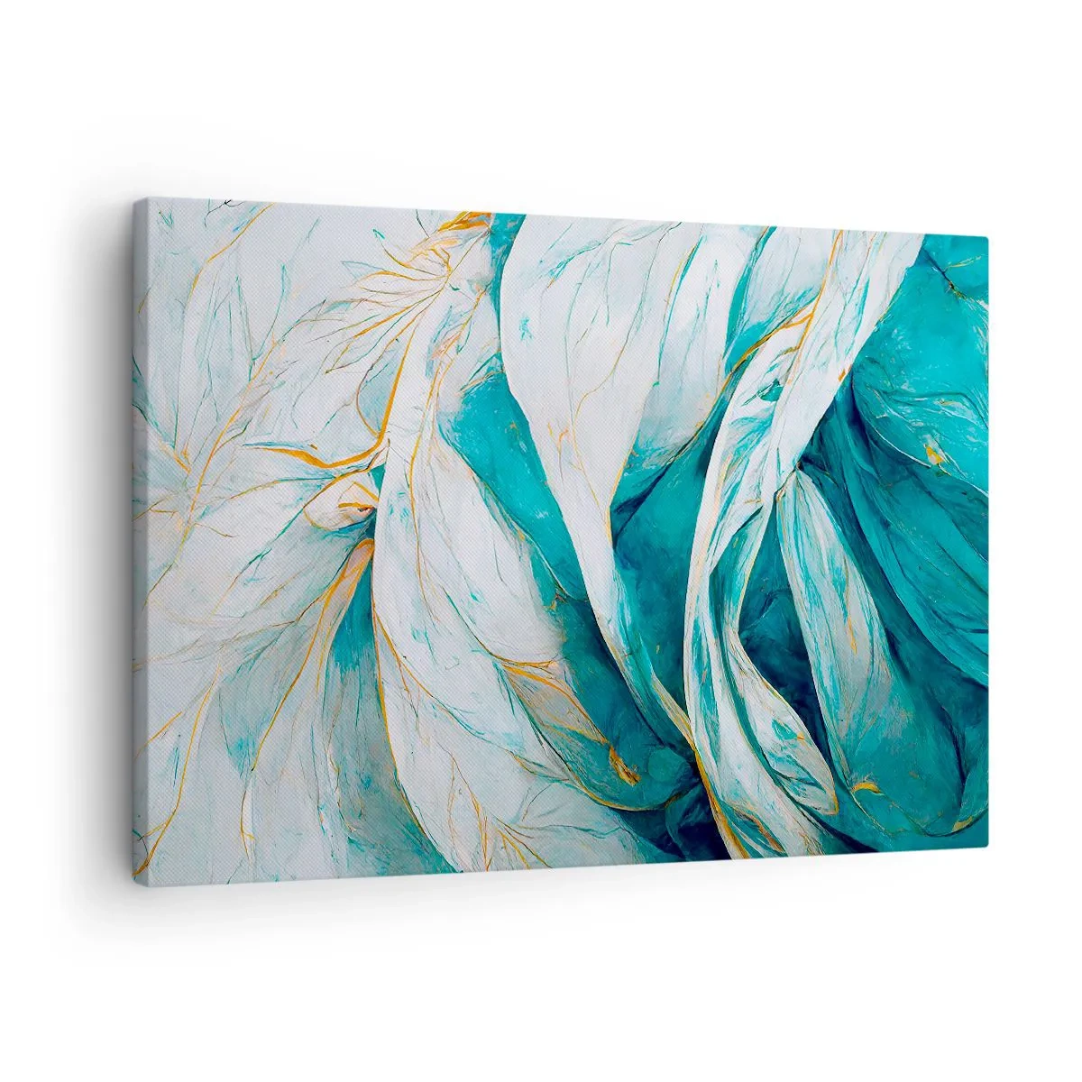 Bild auf Leinwand - Leinwandbild - Abstrakte blaue Blätter mit goldenen Details - 70x50cm - Blaue Abstraktion mit goldenem Motiv - Moderne Wanddekoration für Wohnzimmer und Schlafzimmer ARTTOR