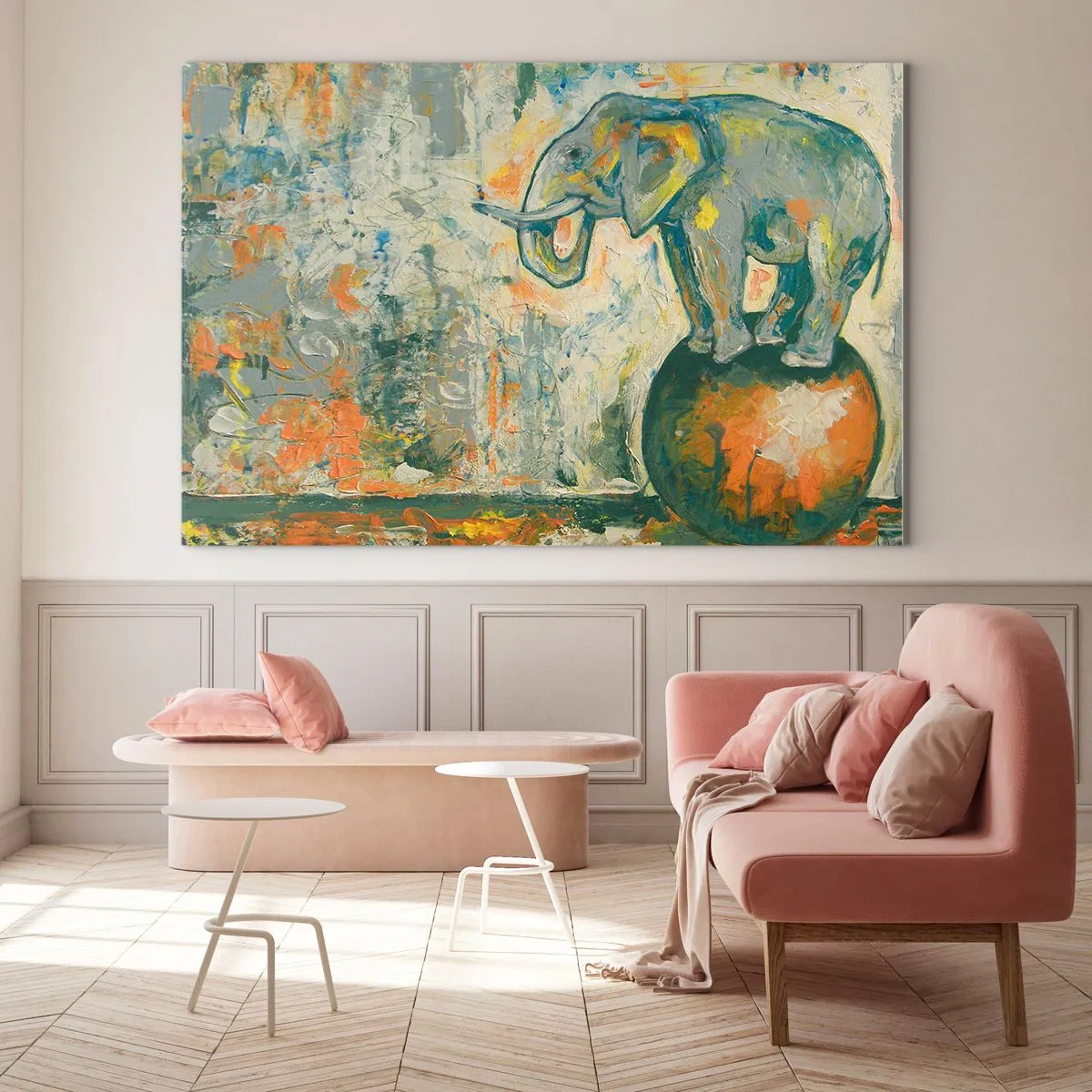 Glasbild - Bild auf glas - Abstrakter Elefant, der auf einem Ball balanciert - 100x70cm - Es lebe der Zirkus! - Moderne Wanddekoration für Wohnzimmer und Schlafzimmer ARTTOR