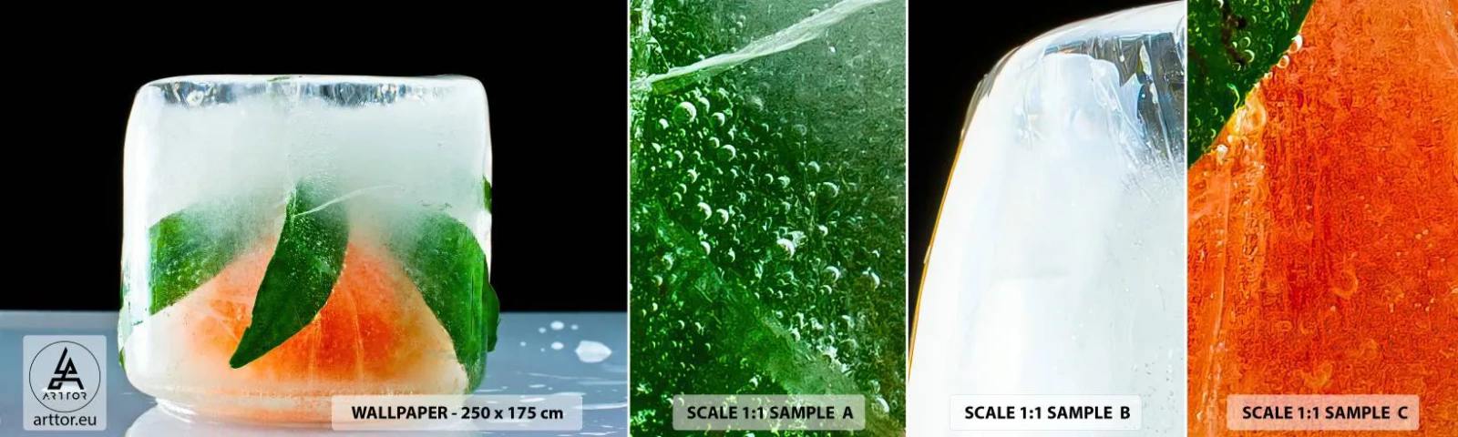 Fototapetenmuster Standard Eco - Frisch und kühl - Eiswürfel, Orange, Blatt Minze - 100x30 cm