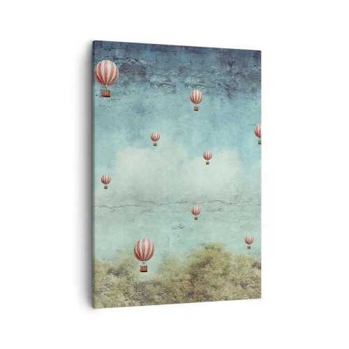 Bild auf Leinwand - Leinwandbild - Retro-Ballons vor blauem Himmel und grünem Hintergrund - 50x70cm - Frei von der Hektik des Lebens - Moderne Wanddekoration für Wohnzimmer und Schlafzimmer ARTTOR