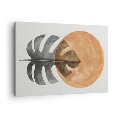 Bild auf Leinwand - Leinwandbild - Monstera-Blatt und goldener Kreis auf hellem Hintergrund - 70x50cm - Immer die Sonne - Moderne Wanddekoration für Wohnzimmer und Schlafzimmer ARTTOR