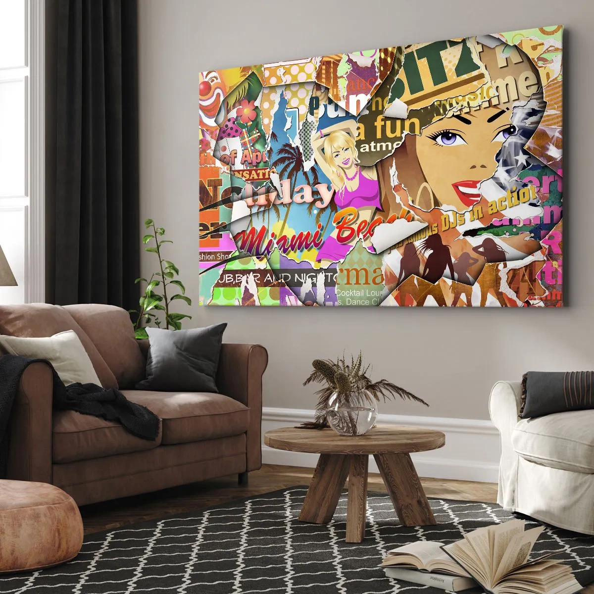 Bild auf Leinwand - Leinwandbild - Eine farbenfrohe Collage mit Retro- und Pop-Art-Elementen. - 70x50cm - Sommer Rückblicke - Moderne Wanddekoration für Wohnzimmer und Schlafzimmer ARTTOR