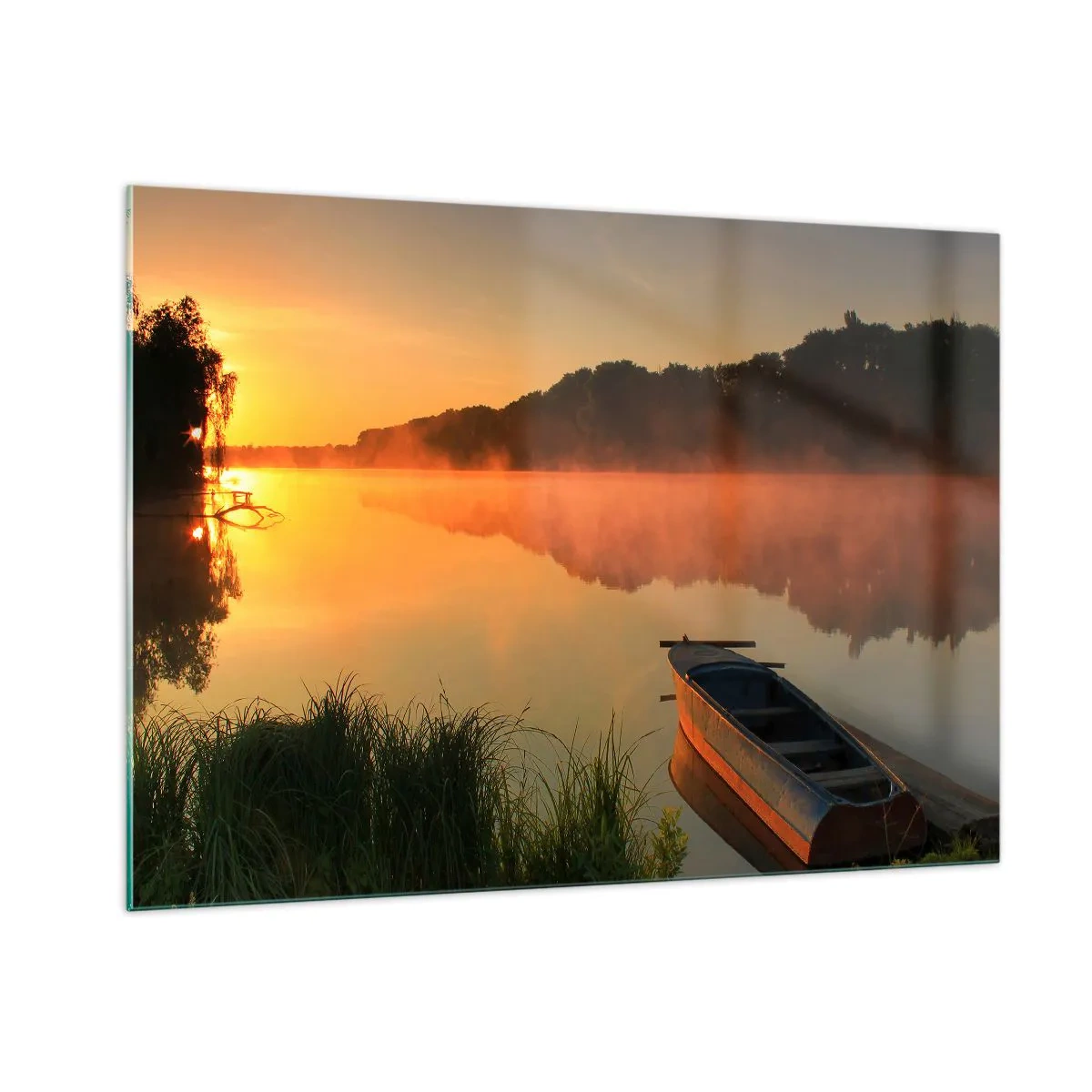Glasbild - Bild auf glas - Sonnenaufgang über einem ruhigen See mit einem Boot am Ufer - 100x70cm - Sonnenaufgang über dem Wasser wie ein Spiegel - Moderne Wanddekoration für Wohnzimmer und Schlafzimmer ARTTOR