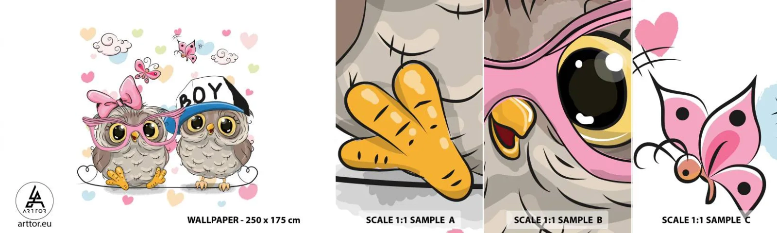 Fototapetenmuster Standard Eco - Lass uns Liebe machen! - Für Kinder, Eule, Schmetterling - 100x30 cm