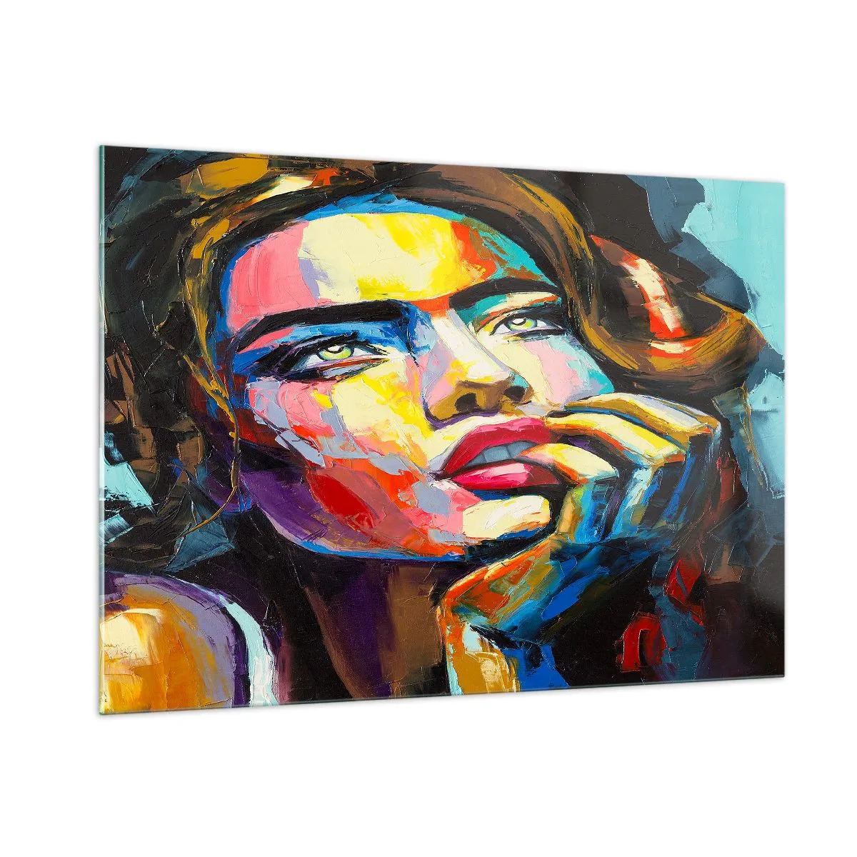 Glasbild - Bild auf glas - Porträt einer Frau in intensiven abstrakten Farben - 100x70cm - Träume fliegen am Himmel wie Vögel - Moderne Wanddekoration für Wohnzimmer und Schlafzimmer ARTTOR