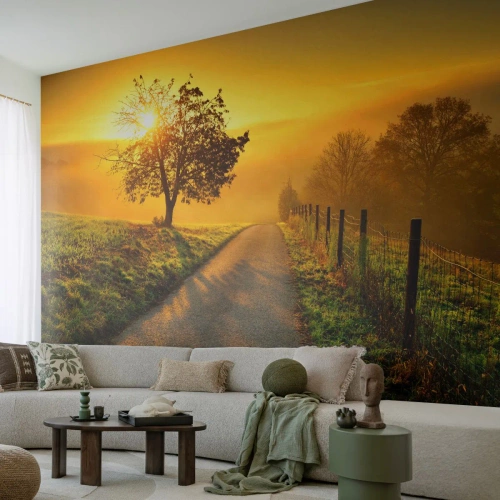 Fototapete Premium Sand - Eine Straße zwischen den Feldern bei Sonnenuntergang - 100x70cm - Honig-Nachmittag - Moderne Wanddekoration für Wohnzimmer und Schlafzimmer ARTTOR