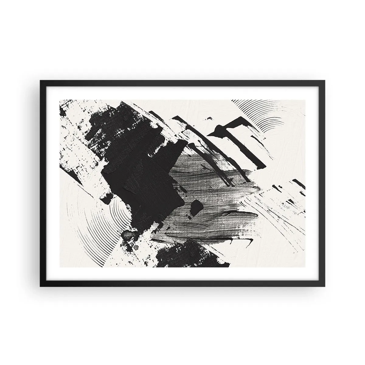 Poster in einem schwarzem Rahmen - Abstrakte Striche in Schwarz auf weißem Hintergrund - 70x50cm - Abstraktion – Ausdruck von Schwarz - Moderne Wanddekoration für Wohnzimmer und Schlafzimmer ARTTOR