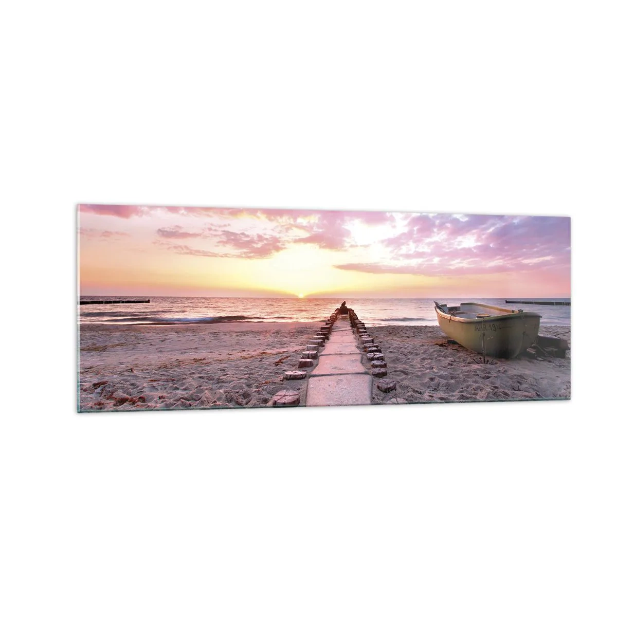 Glasbild - Bild auf glas - Sunrise Beach mit Boot und Pier - 140x50cm - Ein Moment tiefer Erfahrung - Moderne Wanddekoration für Wohnzimmer und Schlafzimmer ARTTOR