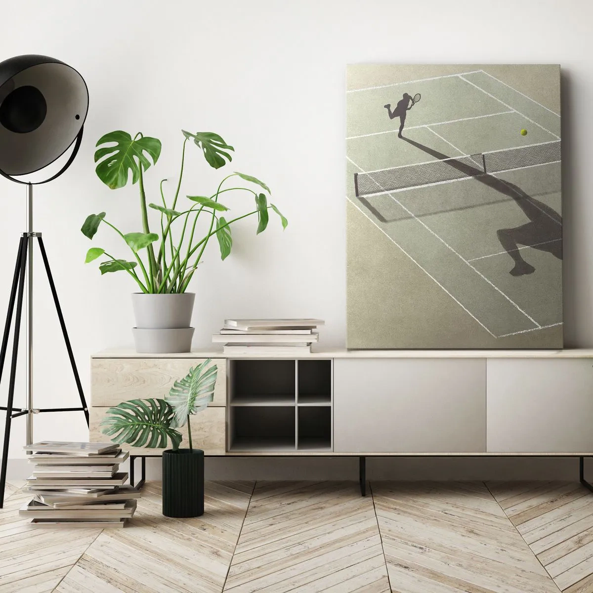 Bild auf Leinwand - Leinwandbild - Der Schatten eines Tennisspielers auf dem Platz während eines Tennisspiels - 50x70cm - Überwinde dich selbst - Moderne Wanddekoration für Wohnzimmer und Schlafzimmer ARTTOR