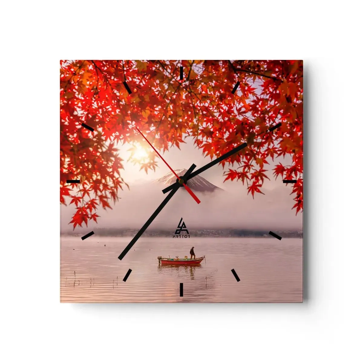 Wanduhr - Glasuhr - Ein Boot auf einem See, umgeben von roten Ahornblättern - 30x30cm - Im japanischen Klima - Moderne Wanddekoration für Wohnzimmer und Schlafzimmer ARTTOR