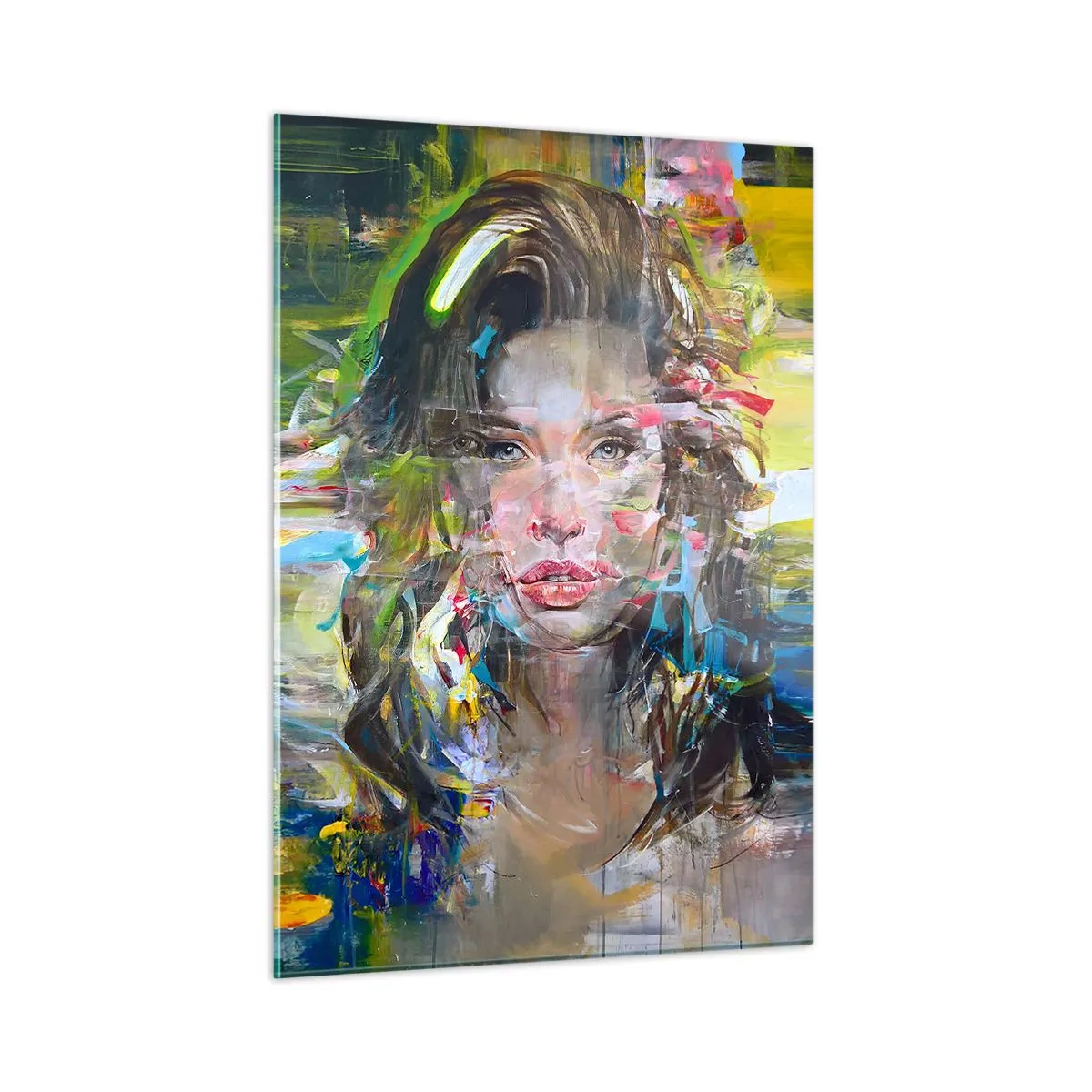 Glasbild - Bild auf glas - Abstraktes Porträt einer Frau mit dynamischem Hintergrund - 50x70cm - Hinter der Luft ein Vorhang - Moderne Wanddekoration für Wohnzimmer und Schlafzimmer ARTTOR