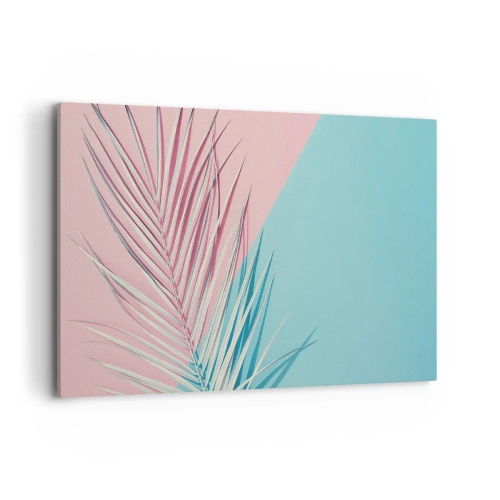 Bild auf Leinwand - Leinwandbild - Tropisches Blatt vor einem Hintergrund in Pastelltönen von Rosa und Blau - 100x70cm - Tropischer Eindruck - Moderne Wanddekoration für Wohnzimmer und Schlafzimmer ARTTOR